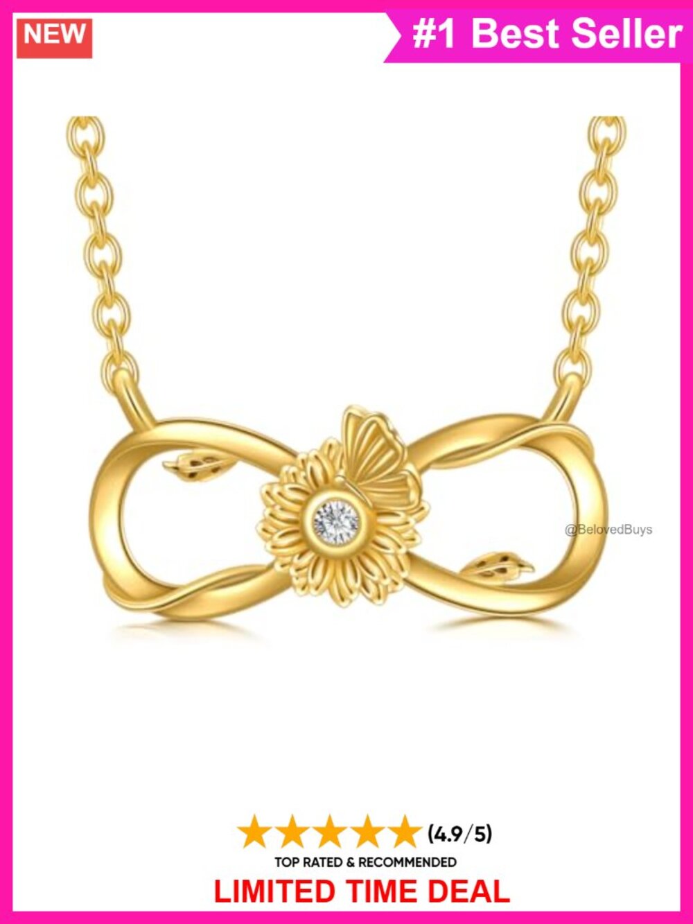 14K Solid Gold Infinity Sunflower Butterfly Pendant Necklace for Women